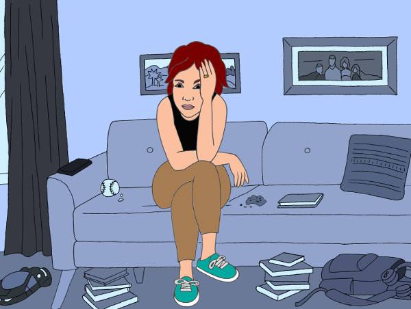 April sits alone on her couch.  The room is messy, and she rests her head in her hands.